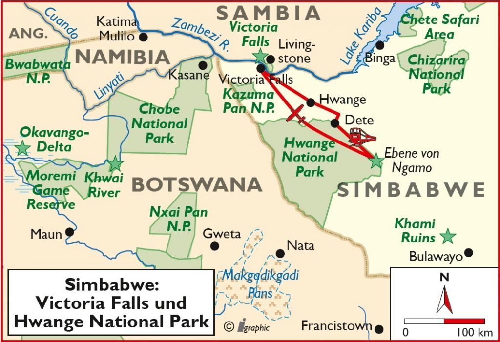 Simbabwe Victoria Falls Hwange National Park Elephant Express Safari Übersichtskarte Iwanowskis Reisen - afrika.de