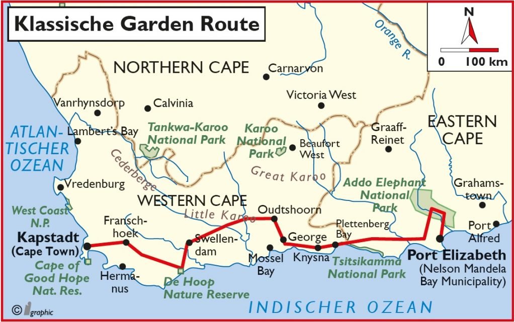 Südafrika Klassische Garden Route Rundreise Mietwagen Übersichtskarte Iwanowskis Reisen - afrika.de