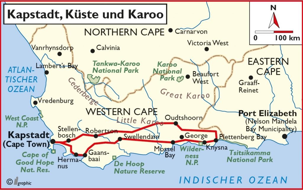 Südafrika Kapstad Küste Karoo Selbstfahrertour Überischtskarte Iwanowskis Reisen - afrika.de
