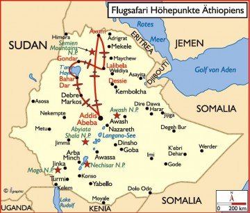 Äthiopien Flugsafari Übersichtskarte Iwanowskis Reisen - afrika.de
