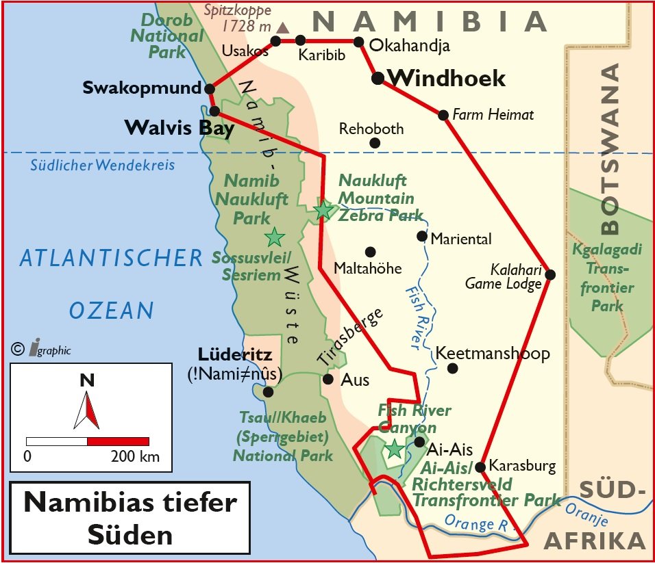 Selbstfahrerreise Namibias tiefer Süden Übersichtskarte Iwanowskis Reisen - afrika.de