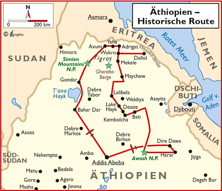 Äthiopien Rundreise historische Route Danakil Harar Bati Übersichtskarte Iwanowskis Reisen - afrika.de