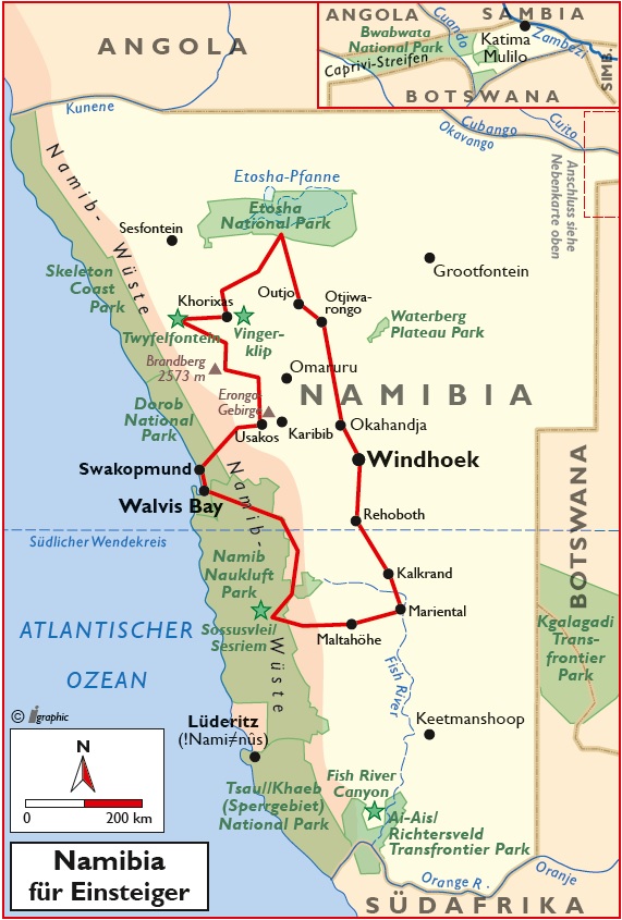 Namibia Selbstfahrertour für Einsteiger Übersichtskarte Iwanowskis Reisen - afrika.de