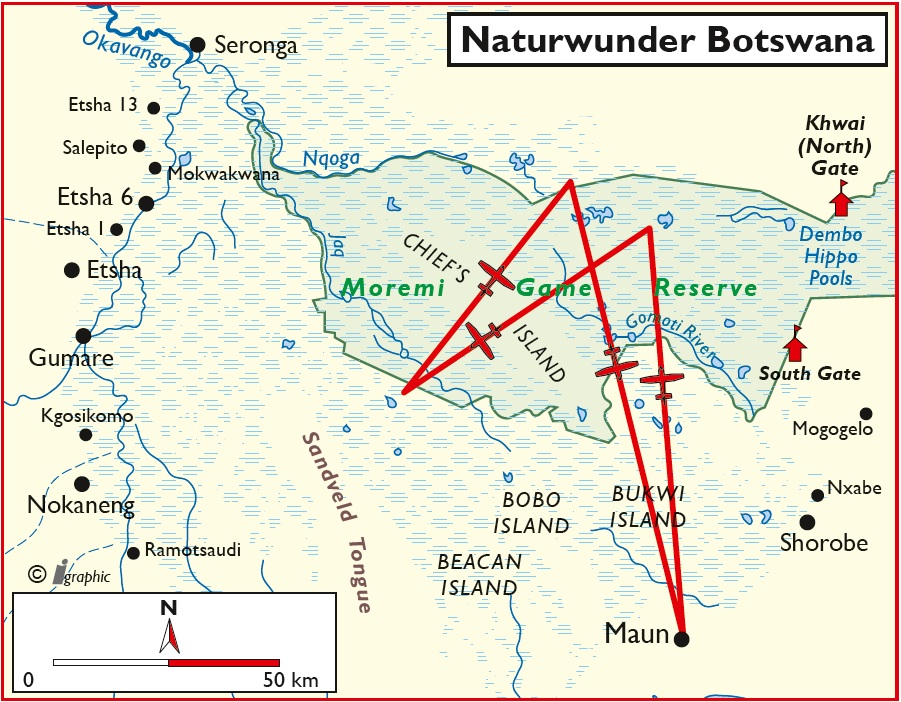 Botswana Flugsafari Übersichtskarte Iwanowskis Reisen - afrika.de