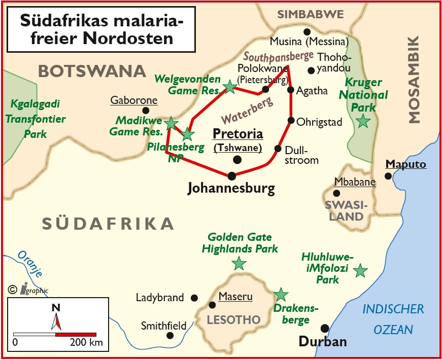 Südafrika Nordosten Selbstfahrertour Übersichtskarte Iwanowskis Reisen - afrika.de
