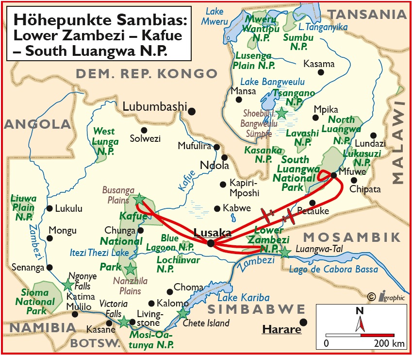 Sambia Safari Übersichtskarte Iwanowskis Reisen - afrika.de