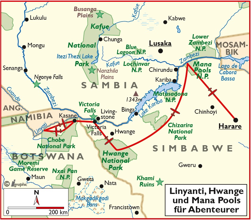 Simbabwe Botswana Linyanti Hwange Mana Pools Flugsafari Übersichtskarte Iwanowskis Reisen - afrika.de