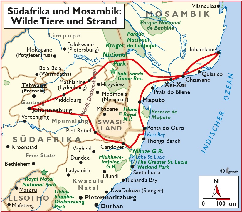 Südafrika Mosambik Gruppensafari Übersichtskarte Iwanowskis Reisen - afrika.de