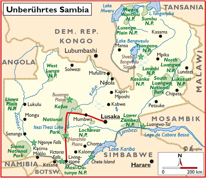 Sambia Safari Livingstone Lusaka Übersichtskarte Iwanowskis Reisen - afrika.de