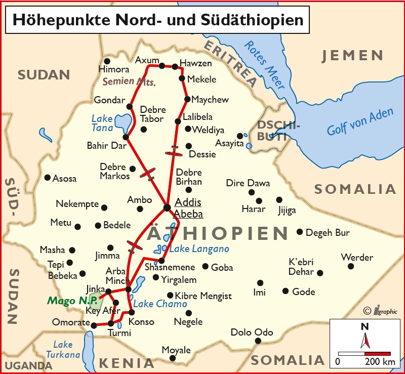 Äthiopien Rundreise Höhepunkte Nord-Südäthiopien Übersichtskarte Iwanowskis Reisen - afrika.de