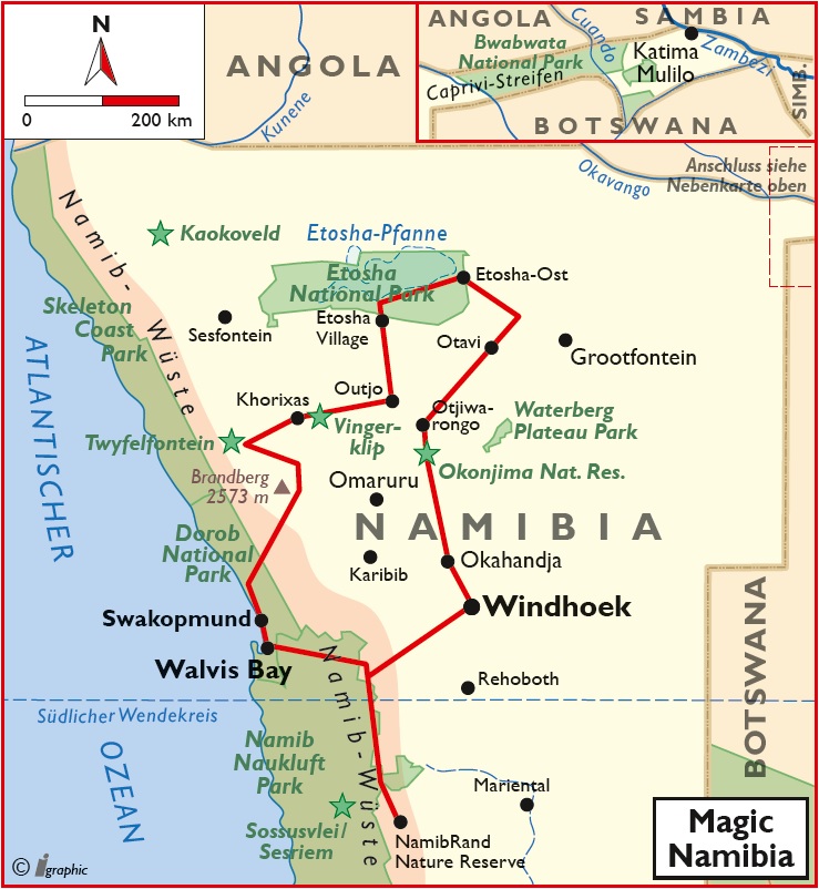 Namibia Mietwagenreise Rundreise Magic Namibia Übersichtskarte Karte Iwanowskis Reisen - afrika.de