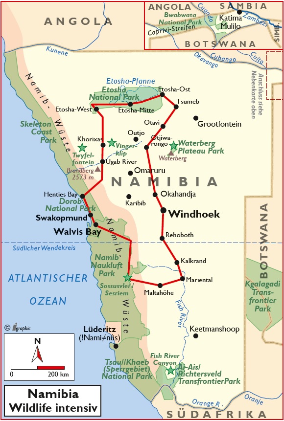 Namibia Mietwagenreise Rundreise Namibia Wildlife Intensiv Übersichtskarte Karte Iwanowskis Reisen - afrika.de