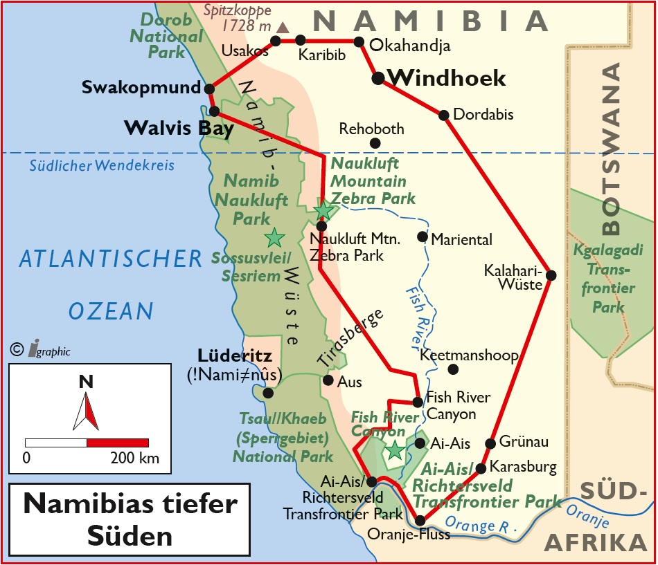 Namibia Mietwagenreise Rundreise Namibias tierfer Süden Übersichtskarte Karte Iwanowskis Reisen - afrika.de