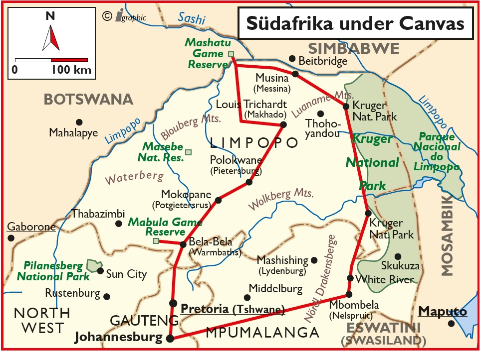 Südafrika Rundreise under Canvas Übersichtskarte Karte Iwanowskis Reisen - afrika.de