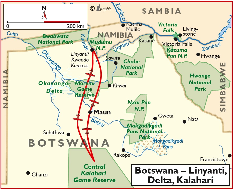 Botswana Linyanti Delta Kalahari Flugsafari Übersichtskarte Iwanowskis Reisen - afrika.de
