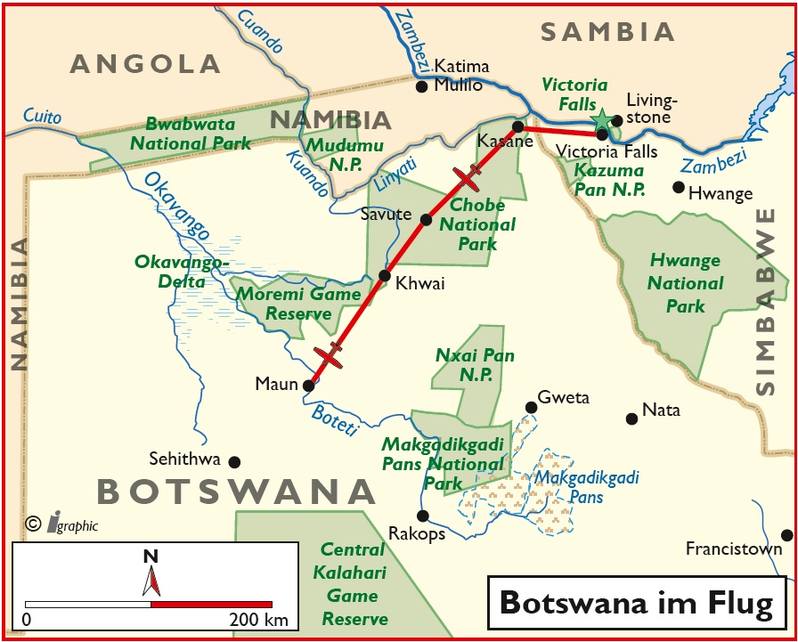 Botswana im Flug Chobe Khwai Maun Flugsafari Übersichtskarte Iwanowskis Reisen - afrika.de