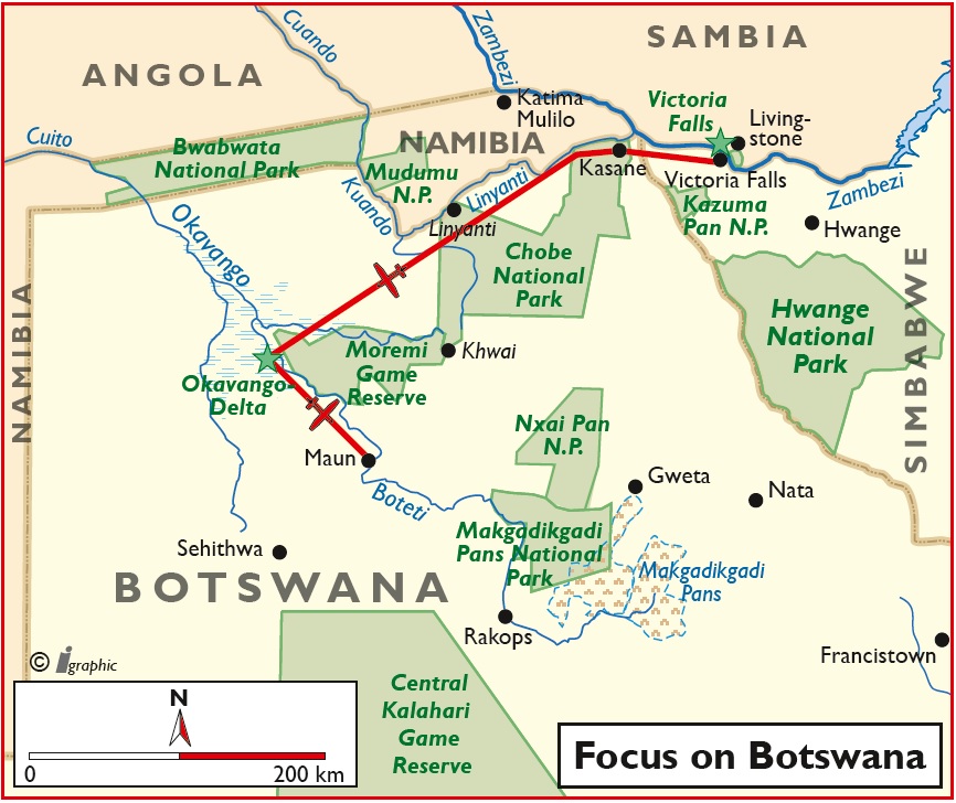 Botswana Focus on Botswana Flugsafari Übersichtskarte Iwanowskis Reisen - afrika.de
