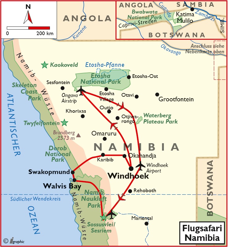 Namibia Flugsafari Übersichtskarte Karte Iwanowskis Reisen - afrika.de