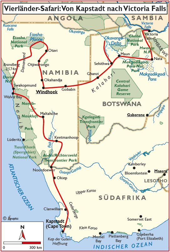 Südafrika Namibia Botswana Simbabwe Vier Länder Safari Übersichtskarte Iwanowskis Reisen - afrika.de