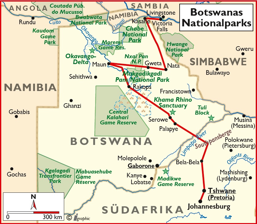 Botswana Botswanas Nationalparks geführte Rundreise Übersichtskarte Iwanowskis Reisen - afrika.de