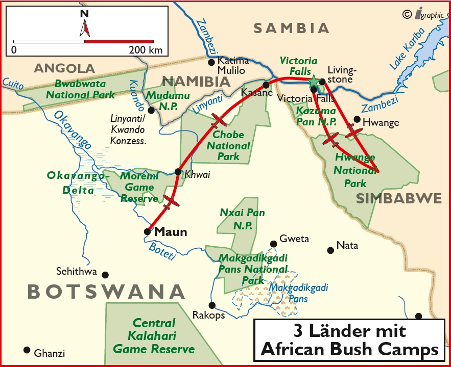 Botswana 3 Länder mit African Bush Camps Karte Iwanowskis Reisen - afrika.de