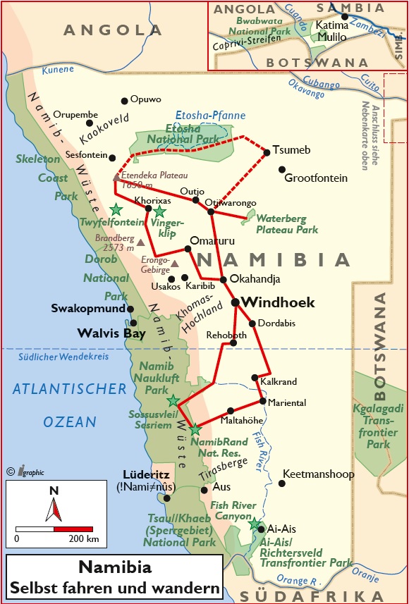 Namibia Mietwagenreise mit Wanderungen Übersichtskarte Iwanowskis Reisen - afrika.de