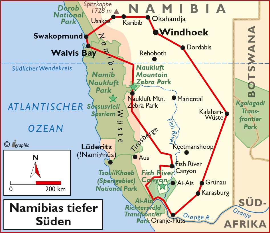 Namibia Mietwagenreise tiefer Süden Übersichtskarte Iwanowskis Reisen - afrika.de