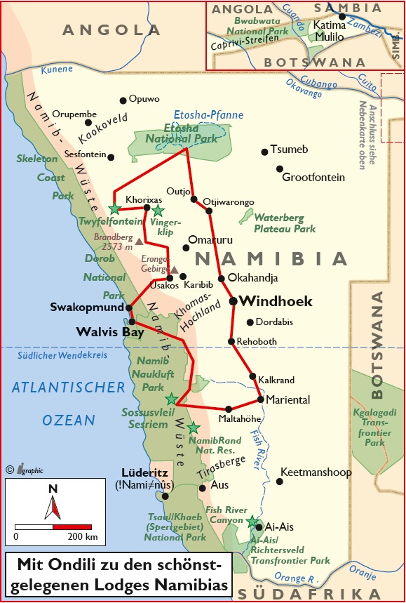 Namibia Mietwagenreise Übersichtskarte Iwanowskis Reisen - afrika.de
