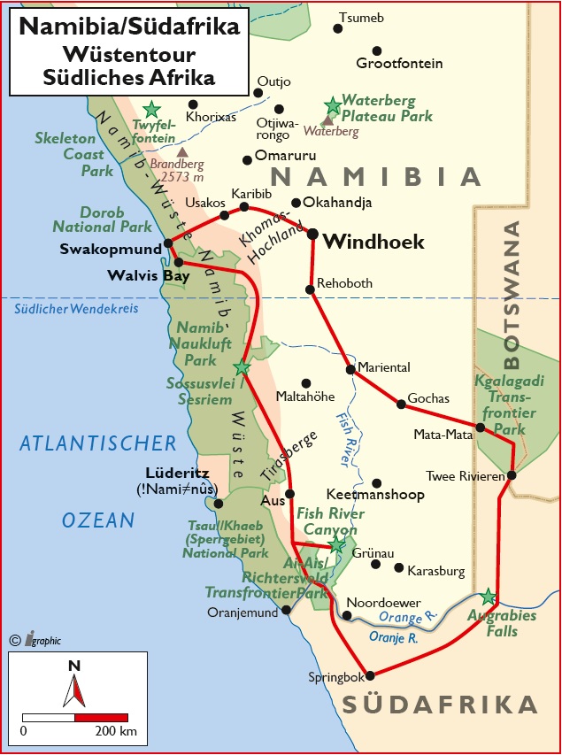 Namibia Mietwagenreise Wüstentour Überischtskarte Iwanowskis Reisen - afrika.de