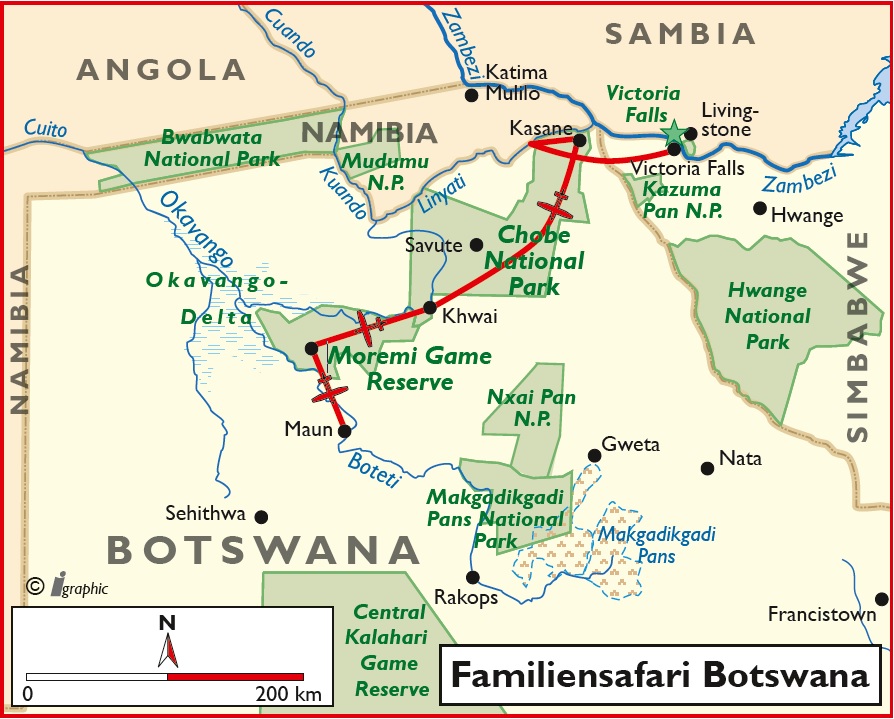 Botswana Familiensafari Übersichtskarte Iwanowskis Reisen - afrika.de