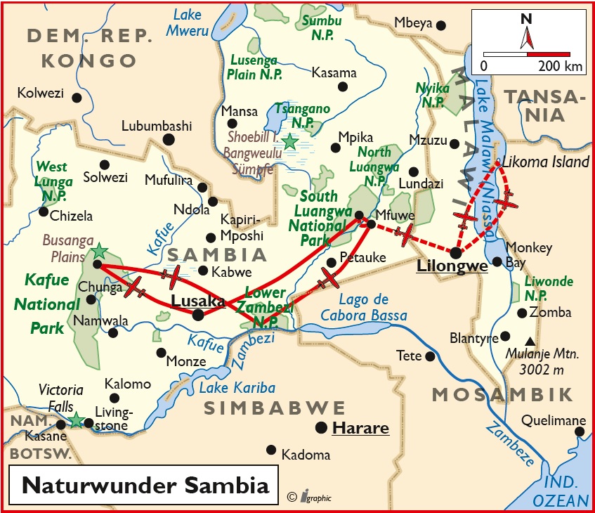 Sambia Naturwunder Rundreise Übersichtskarte Iwanowskis Reisen - afrika.de