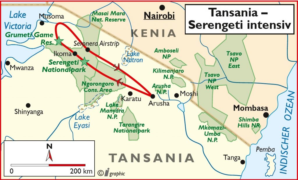 Tansania Serengeti Intensiv Übersichtskarte Iwanowskis Reisen - afrika.de