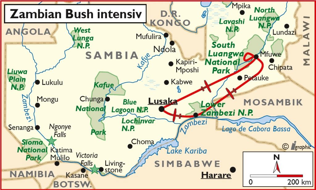 Sambia Zambian Bush Intensiv Übersichtskarte Iwanowskis Reisen - afrika.de