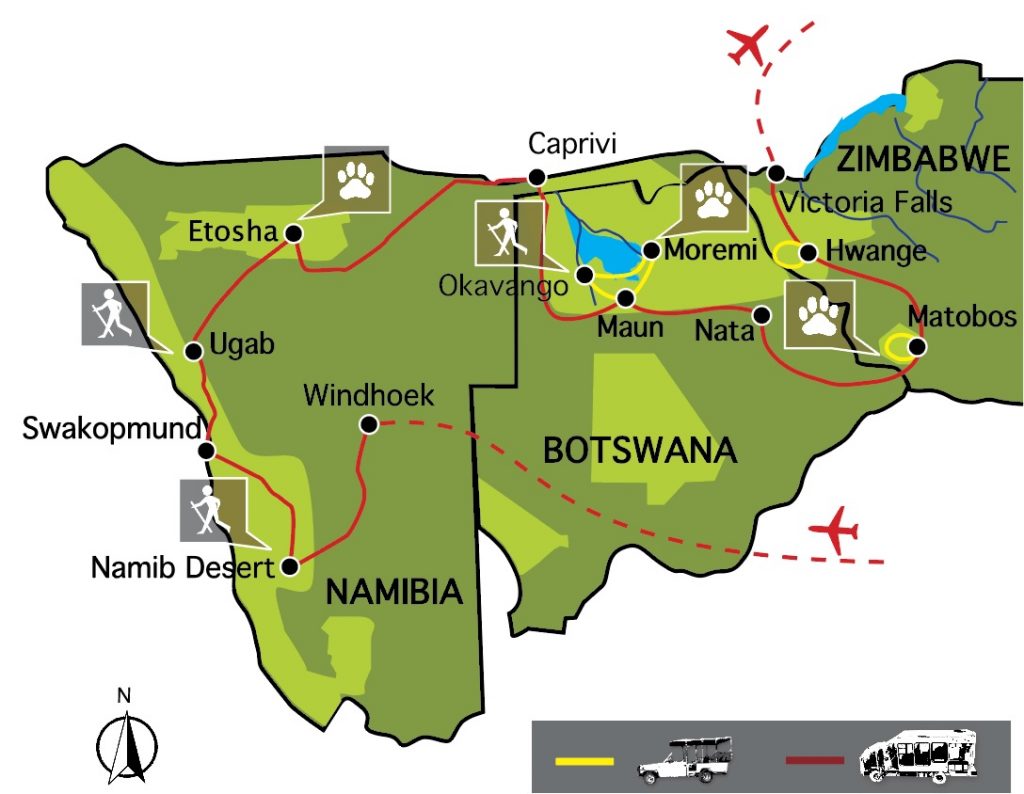 Namibia Botswana Simbabwe Rundreise Übersichtskarte 2026 Sunway Iwanwoskis Reisen - afrika.de